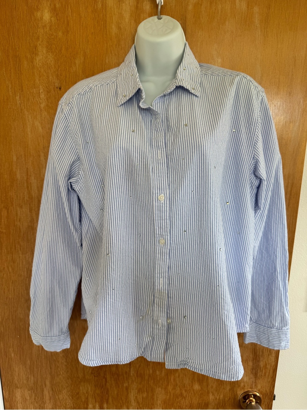 beachlunchlounge Light Blue & White Pinstripe Blouse with rhinestones.